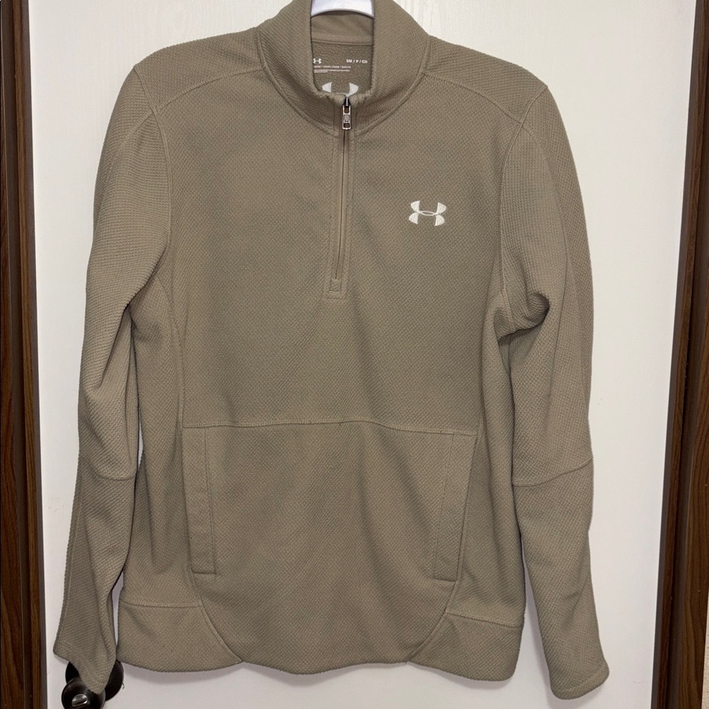 Under Armour Mens Small 1/4 Zip Pullover Tan Beige Athletic Training Lightweight